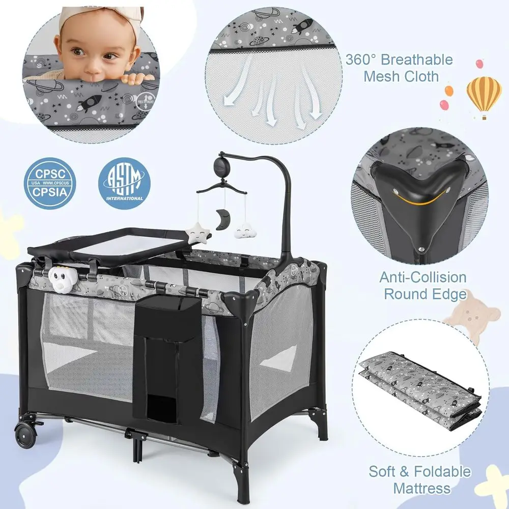 Pack and Play, 4 in 1 Portable Baby Play yard with Bassinet, Changing Table, - Image 3