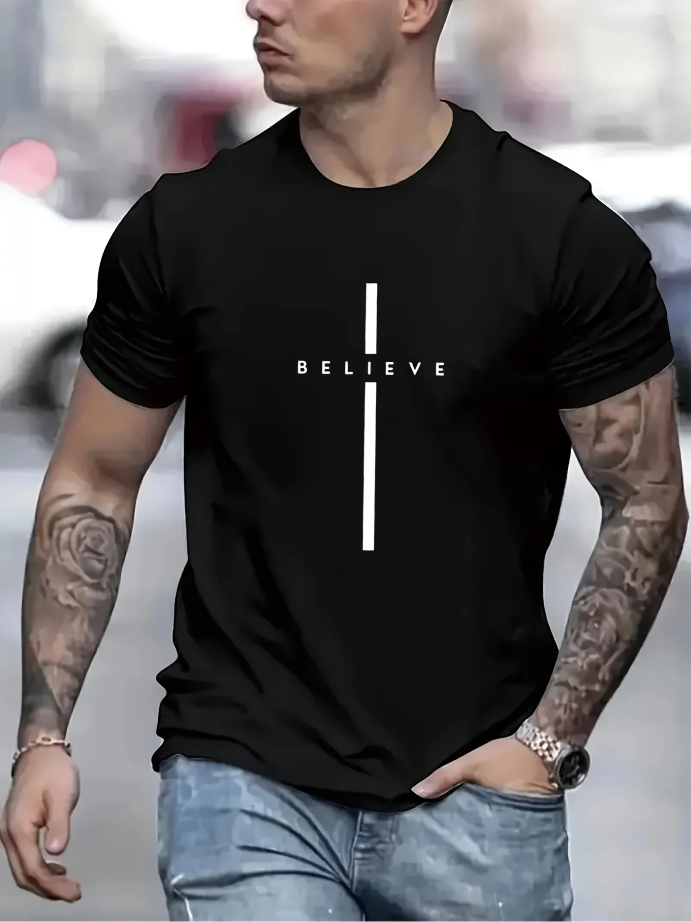 Men's Minimalist Faith-Based Cross  Print T-Shirt - Image 1
