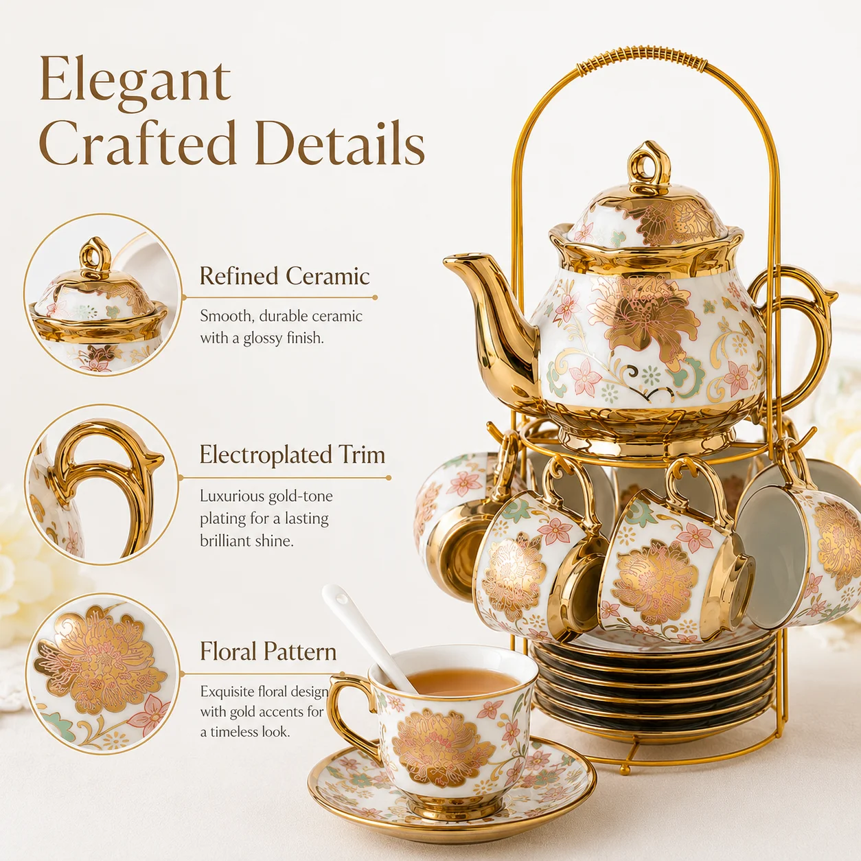 20PCS Ceramic Tea Set with Teapot Espresso - Image 3