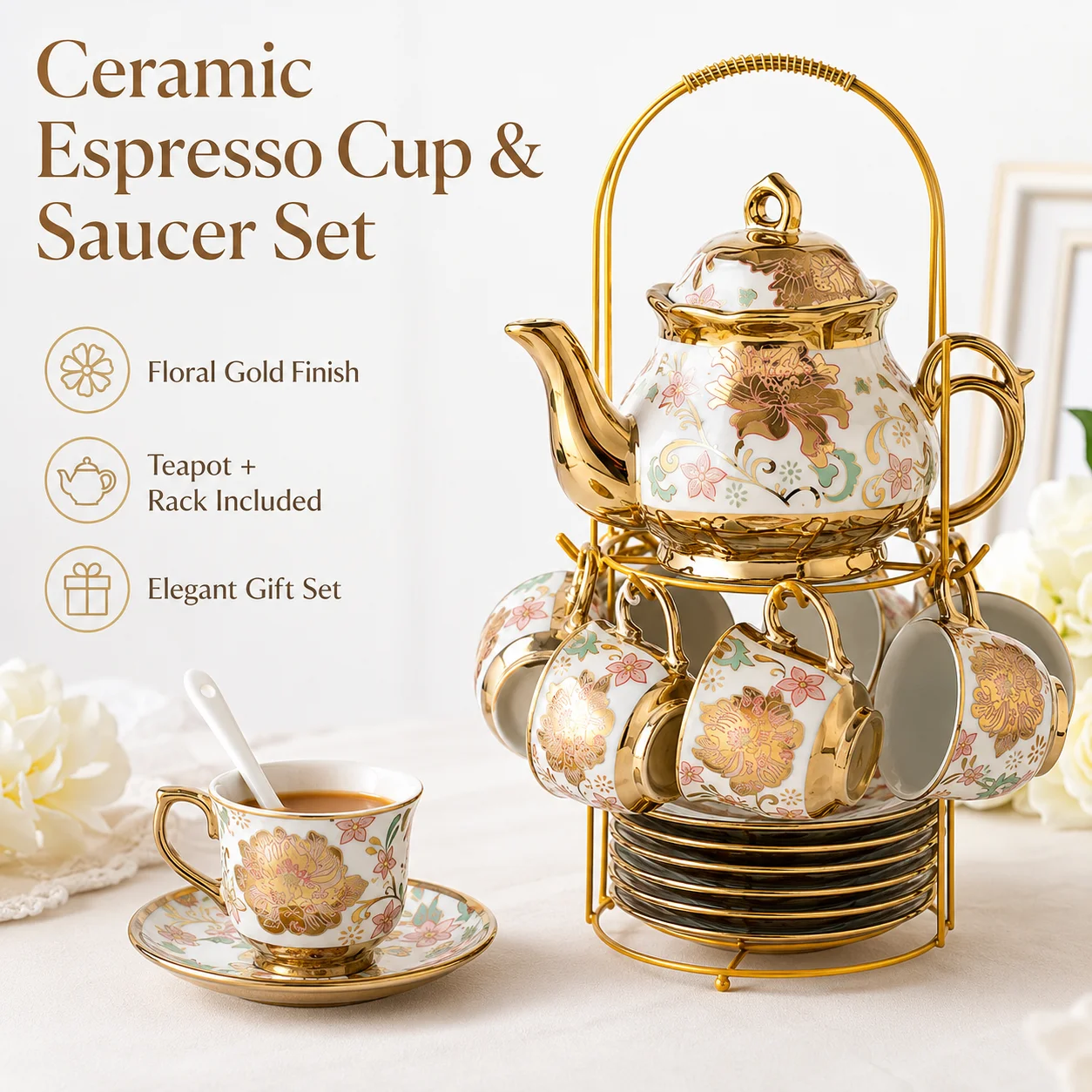 20PCS Ceramic Tea Set with Teapot Espresso - Image 1