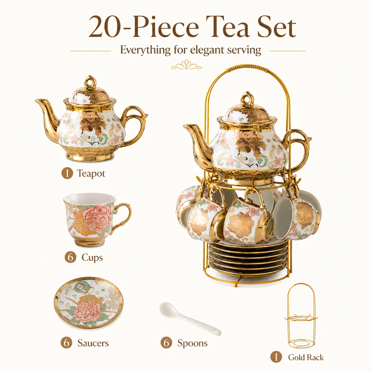 20PCS Ceramic Tea Set with Teapot Espresso - Image 4