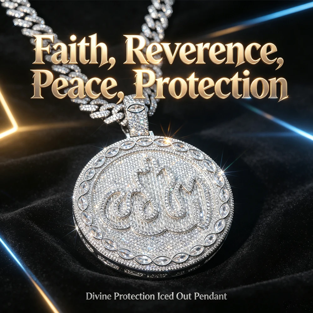 18K Gold Plated Round Allah Zircon Pendant - Image 1